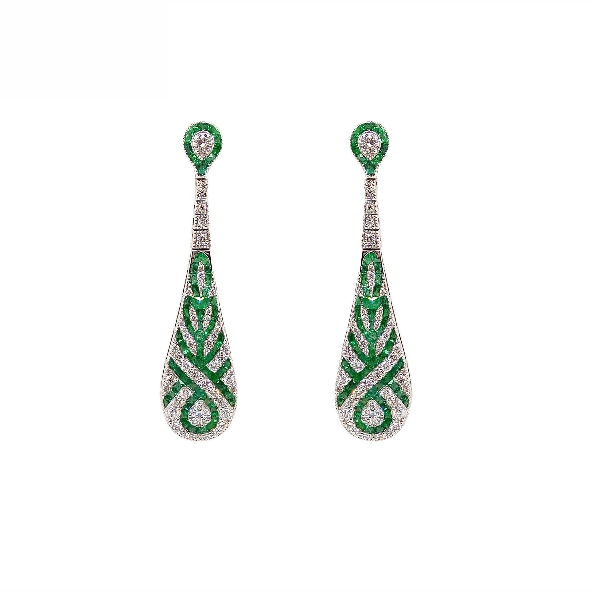 18K White Gold Natural Emerald and Diamond Earrings