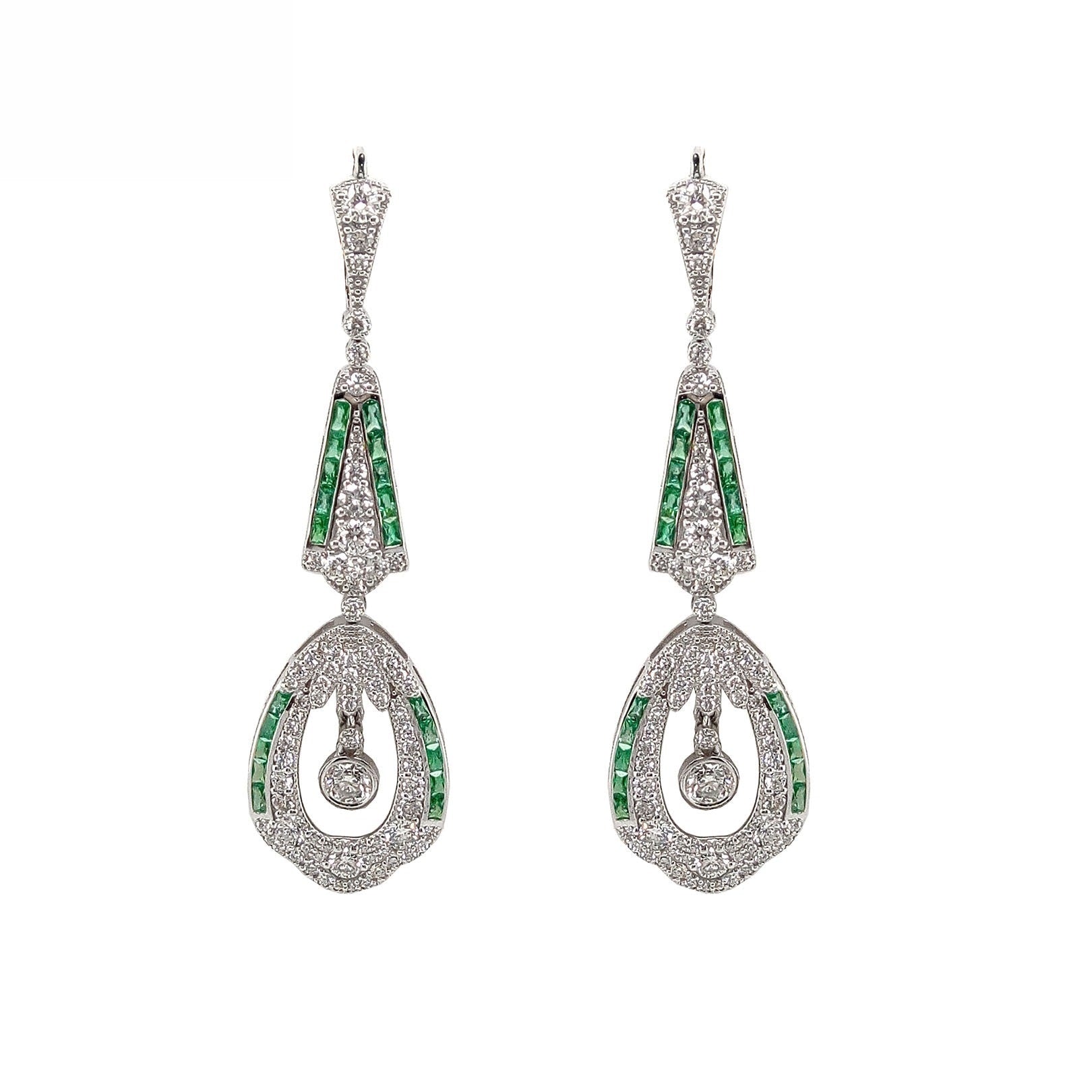 18K White Gold Natural Emerald and Diamond Earrings