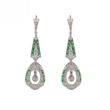 18K White Gold Natural Emerald and Diamond Earrings
