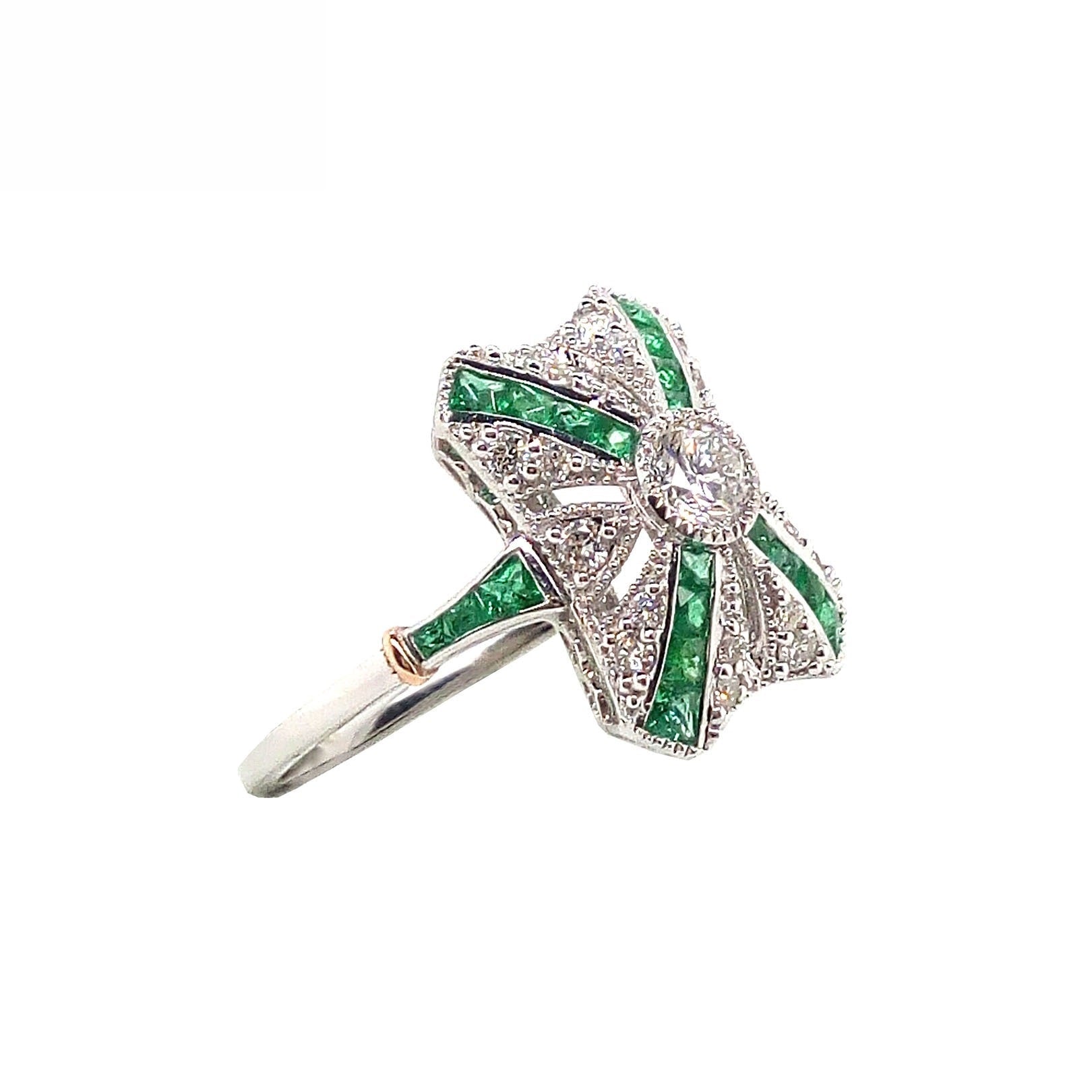 18K White Gold Natural Emerald and Diamond Ring