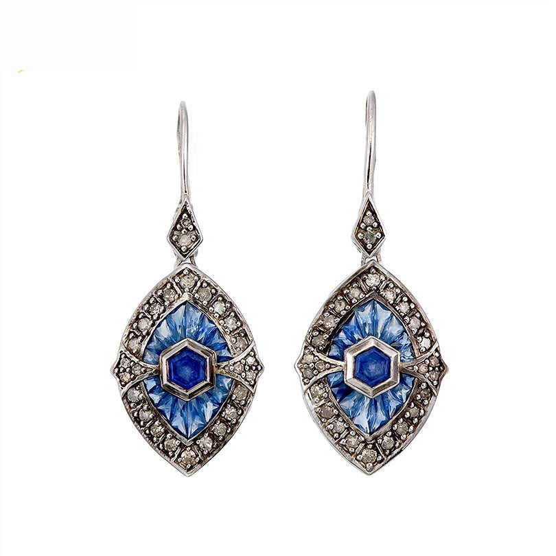 9K Gold and Silver Diamond with Natural Gemstone Art Deco Style Earrings