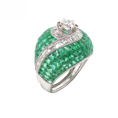 18K White Gold Natural Emerald and Diamond Ring