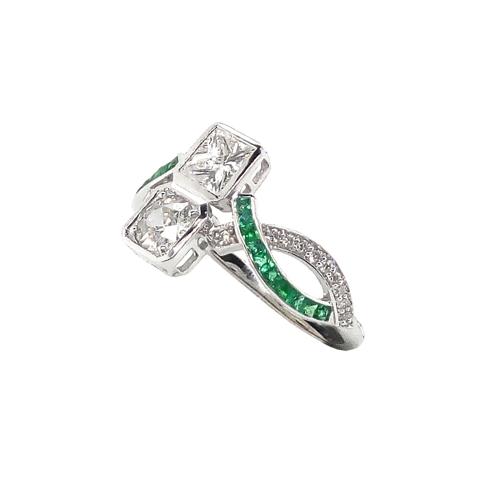 18K White Gold Natural Emerald and Diamond Ring