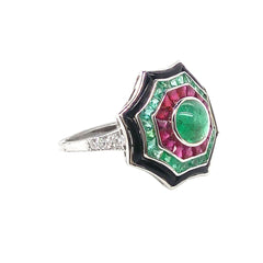 18K White Gold Natural Emerald, Natural Ruby and Diamond Ring