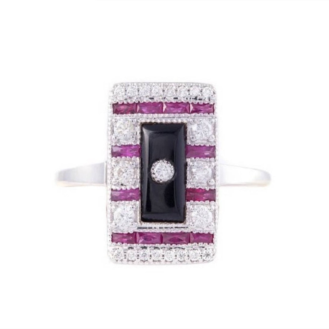 18K White Gold Natural Ruby, Onyx and Diamond Ring