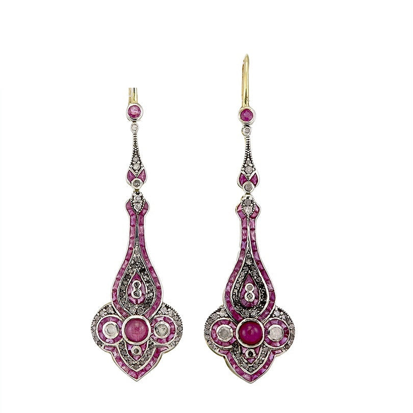 9K Gold and Silver Diamond with Natural Gemstone Art Deco Style Earrings