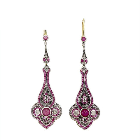 9K Gold and Silver Diamond with Natural Gemstone Art Deco Style Earrings