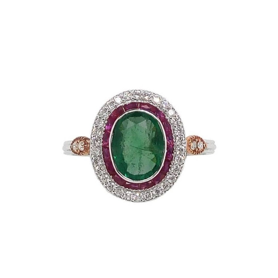18K White Gold Natural Emerald, Natural Ruby and Diamond Ring