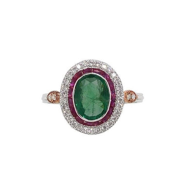 18K White Gold Natural Emerald, Natural Ruby and Diamond Ring