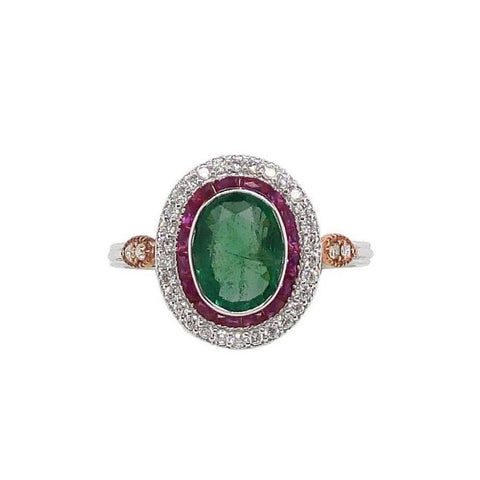 18K White Gold Natural Emerald, Natural Ruby and Diamond Ring