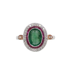 18K White Gold Natural Emerald, Natural Ruby and Diamond Ring