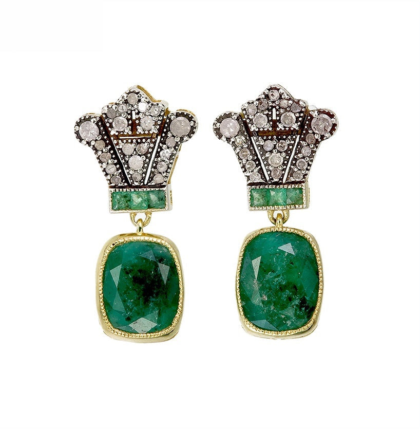 9K Gold and Silver Diamond with Natural Gemstone Art Deco Style Earrings
