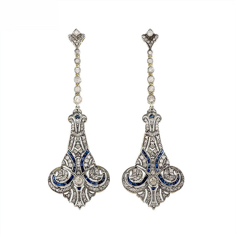 9K Gold and Silver Diamond with Natural Gemstone Art Deco Style Earrings