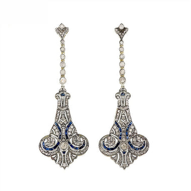 9K Gold and Silver Diamond with Natural Gemstone Art Deco Style Earrings