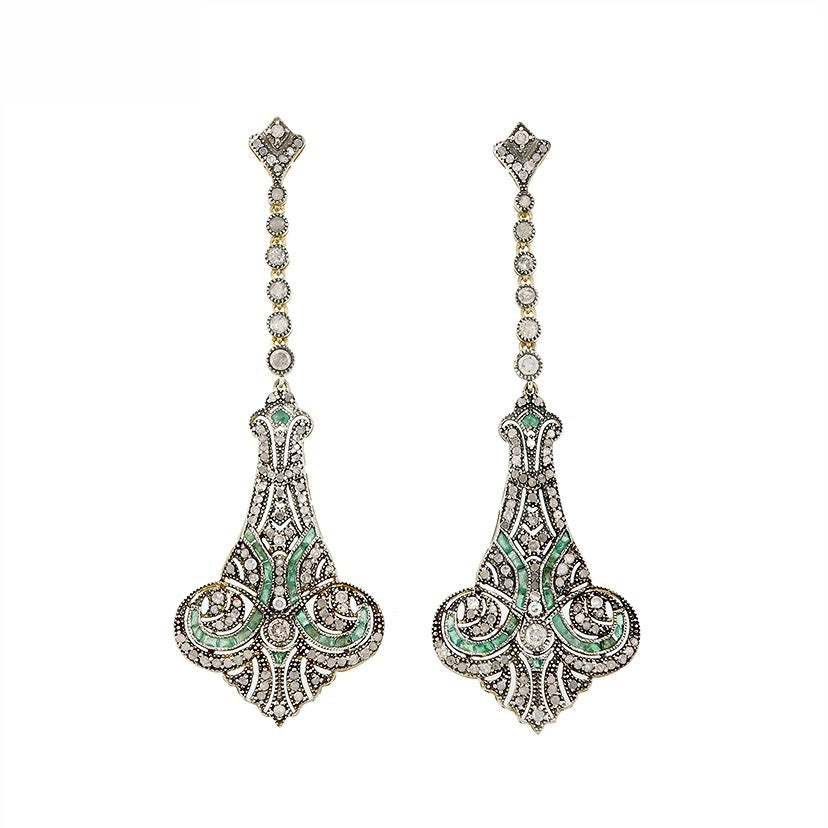 9K Gold and Silver Diamond with Natural Gemstone Art Deco Style Earrings