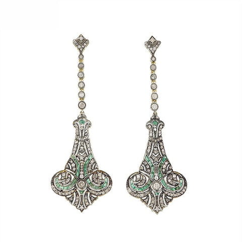 9K Gold and Silver Diamond with Natural Gemstone Art Deco Style Earrings