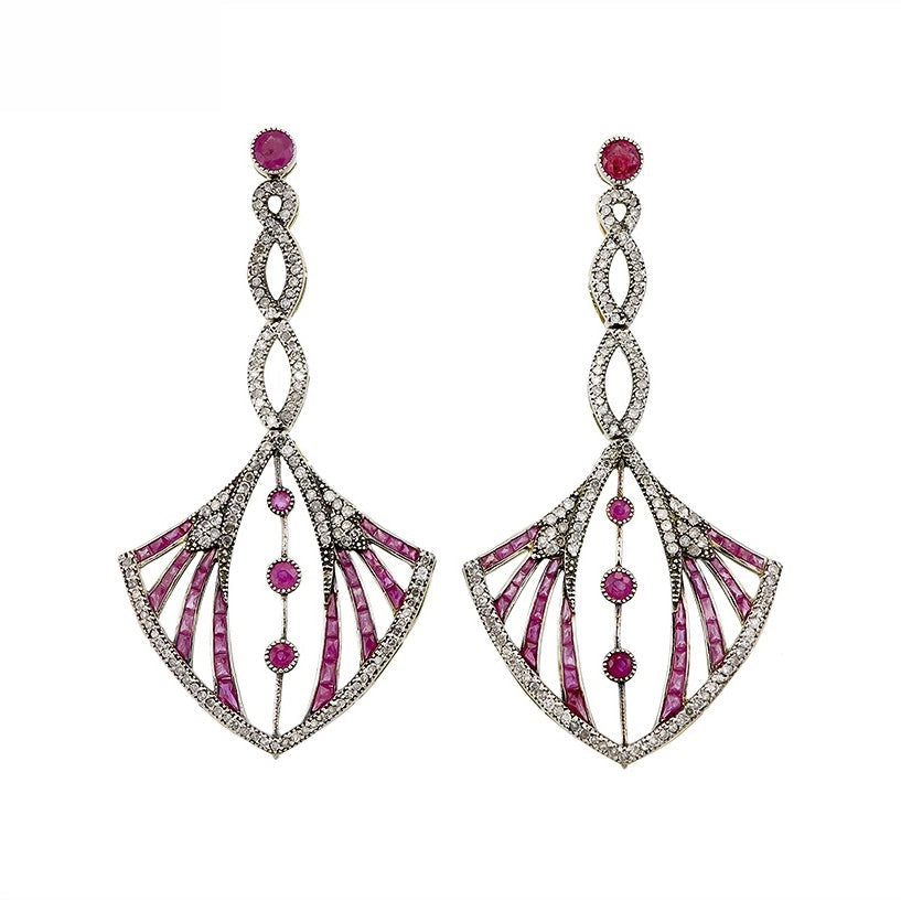 9K Gold and Silver Diamond with Natural Gemstone Art Deco Style Earrings