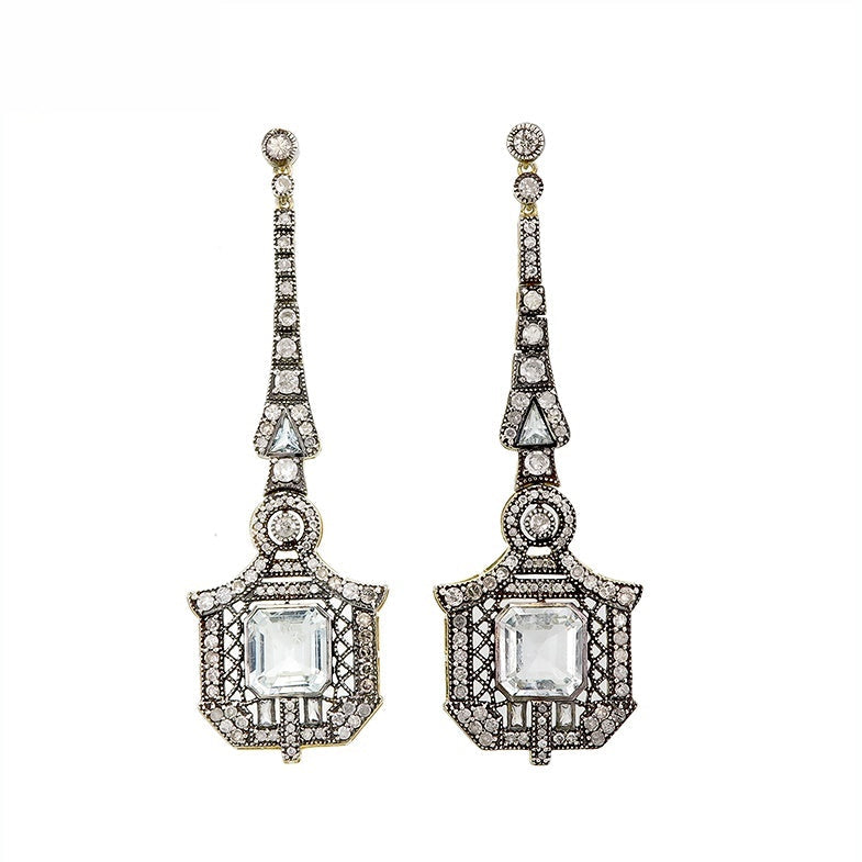 9K Gold and Silver Diamond with Natural Gemstone Art Deco Style Earrings
