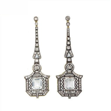 9K Gold and Silver Diamond with Natural Gemstone Art Deco Style Earrings