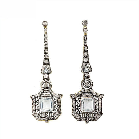 9K Gold and Silver Diamond with Natural Gemstone Art Deco Style Earrings