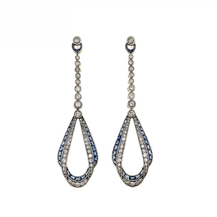 9K Gold and Silver Diamond with Natural Gemstone Art Deco Style Earrings