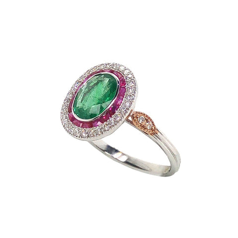18K White Gold Natural Emerald, Natural Ruby and Diamond Ring