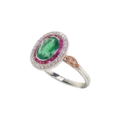 18K White Gold Natural Emerald, Natural Ruby and Diamond Ring