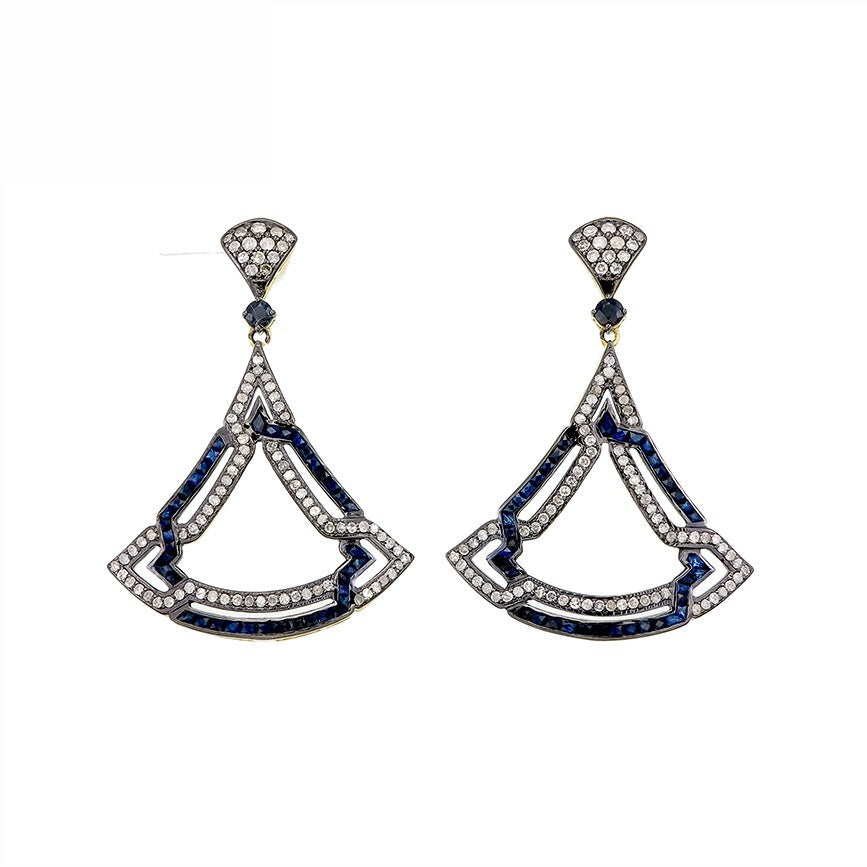 9K Gold and Silver Diamond with Natural Gemstone Art Deco Style Earrings