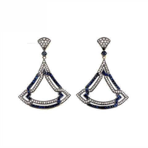 9K Gold and Silver Diamond with Natural Gemstone Art Deco Style Earrings