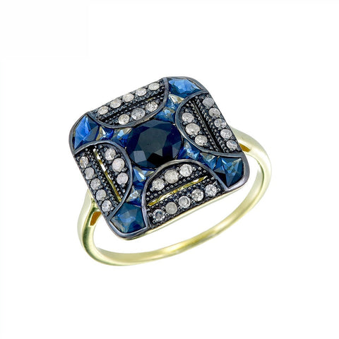 Silver and Diamond with Natural Gemstone Art Deco Style Ring