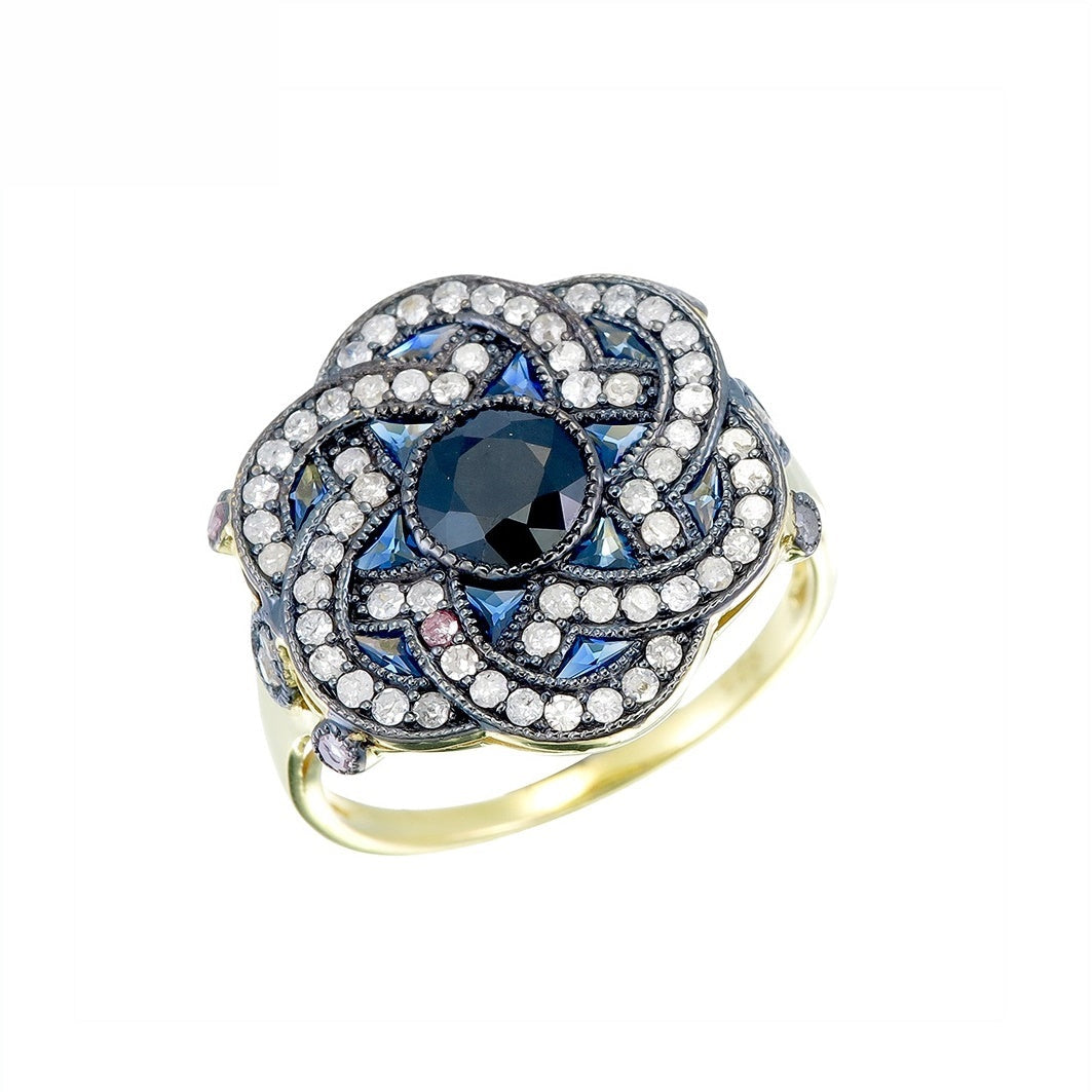 Silver and Diamond with Natural Gemstone Art Deco Style Ring