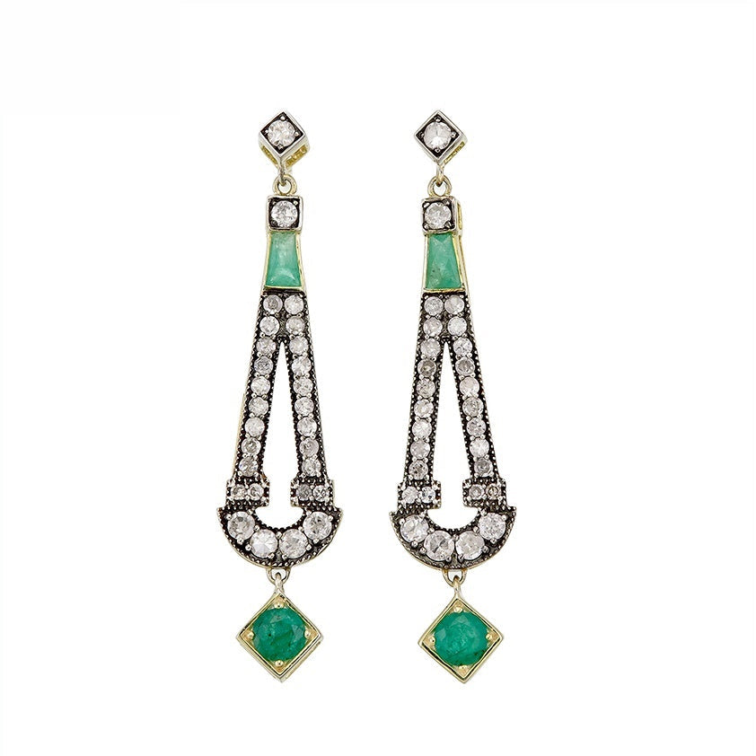 9K Gold and Silver Diamond with Natural Gemstone Art Deco Style Earrings