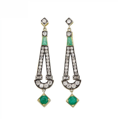 9K Gold and Silver Diamond with Natural Gemstone Art Deco Style Earrings