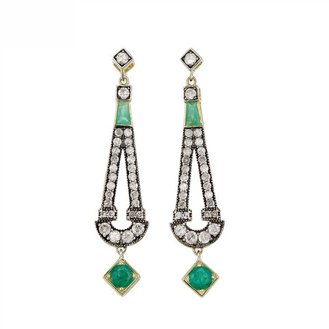 9K Gold and Silver Diamond with Natural Gemstone Art Deco Style Earrings