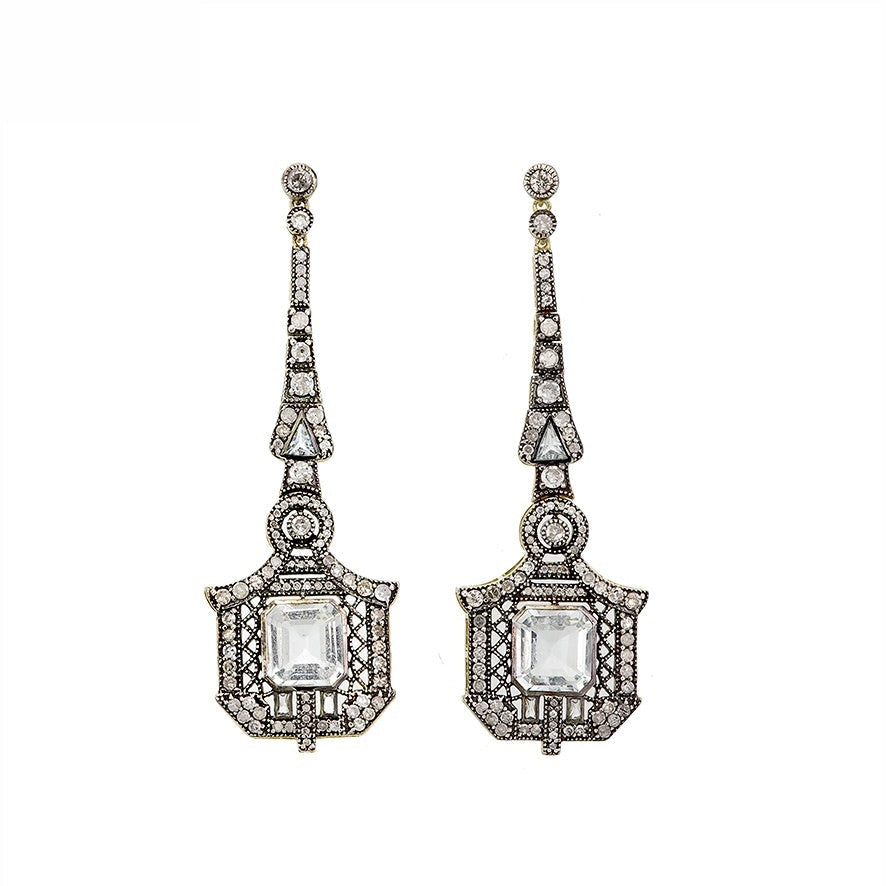 9K Gold and Silver Diamond with Natural Gemstone Art Deco Style Earrings
