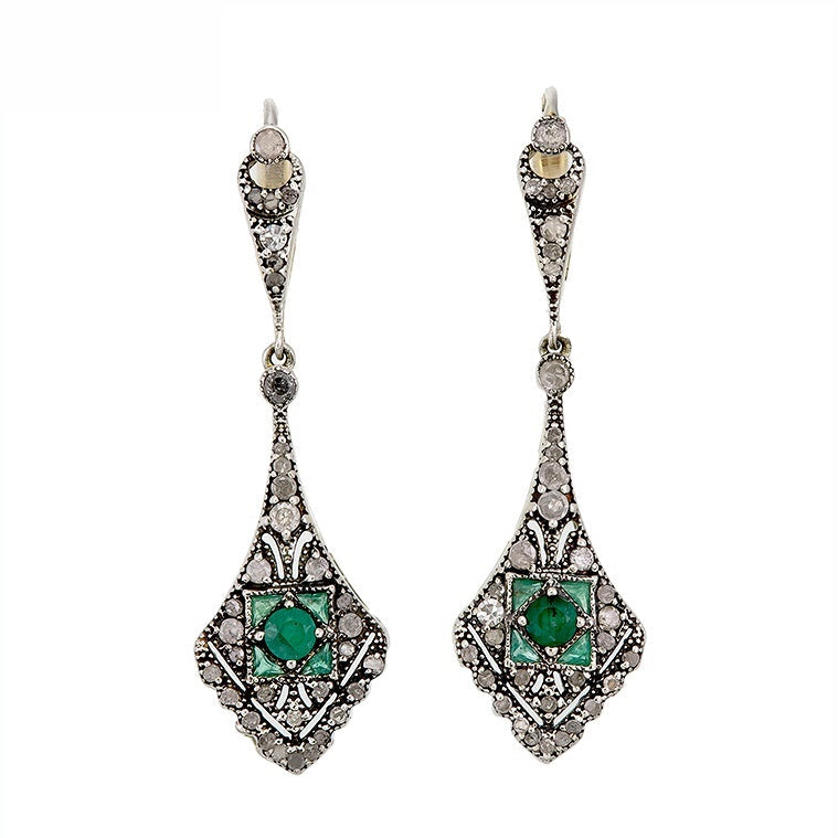9K Gold and Silver Diamond with Natural Gemstone Art Deco Style Earrings