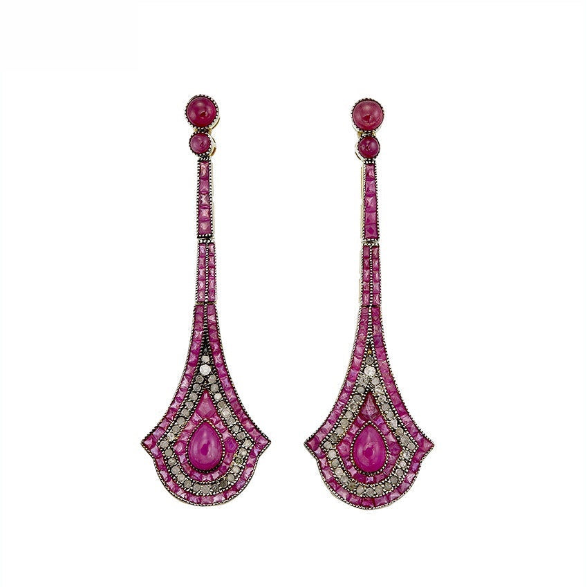9K Gold and Silver Diamond with Natural Gemstone Art Deco Style Earrings