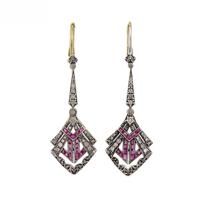 9K Gold and Silver Diamond with Natural Gemstone Art Deco Style Earrings