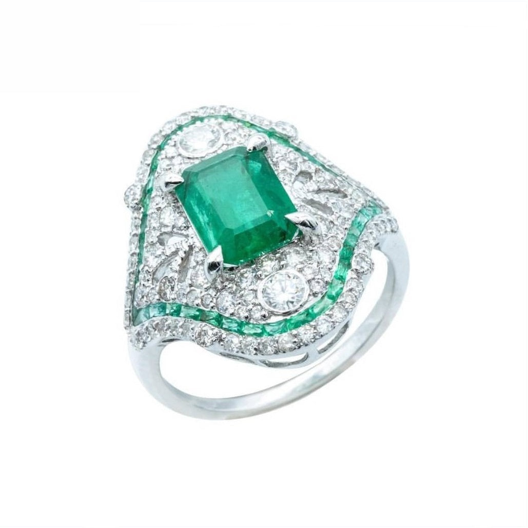 18K White Gold Natural Emerald and Diamond Ring