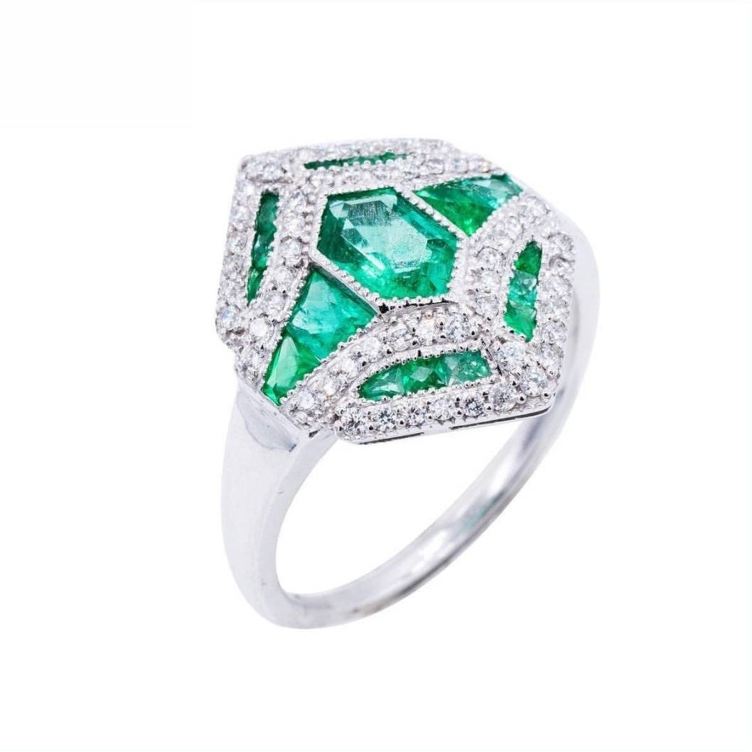 18K White Gold Natural Emerald and Diamond Ring