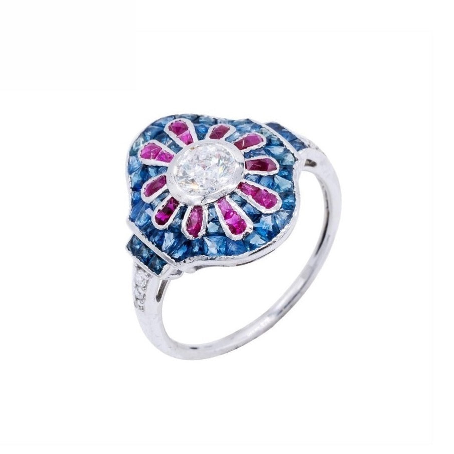 18K White Gold Natural Blue Sapphire, Natural Ruby and Diamond Ring
