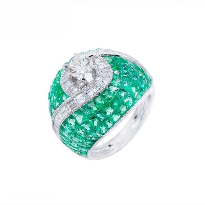 18K White Gold Natural Emerald and Diamond Ring