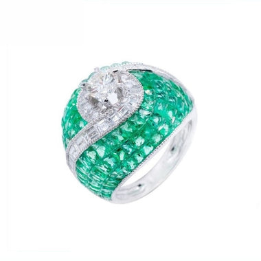 18K White Gold Natural Emerald and Diamond Ring