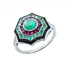18K White Gold Natural Emerald, Natural Ruby and Diamond Ring