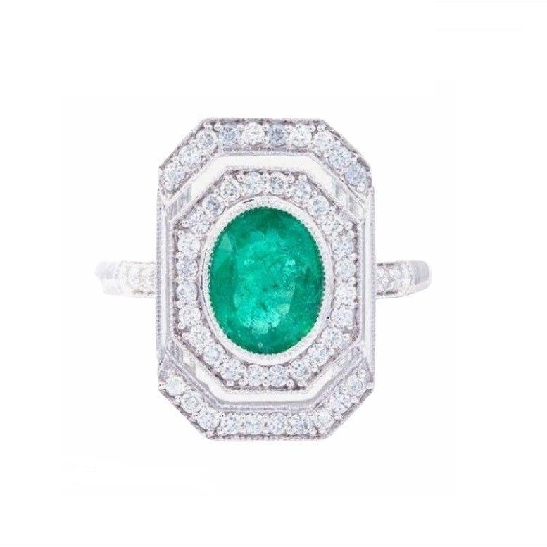 18K White Gold Natural Emerald and Diamond Ring