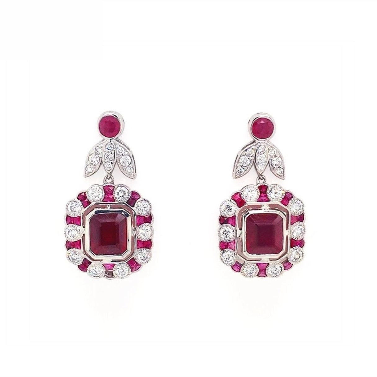 18K White Gold Natural Ruby and Diamond Earrings