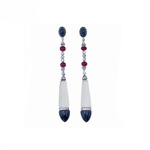 18K White Gold Natural Onyx, Natural Garnet and Diamond Earrings