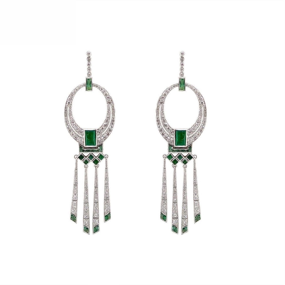 18K White Gold Natural Emerald and Diamond Earrings