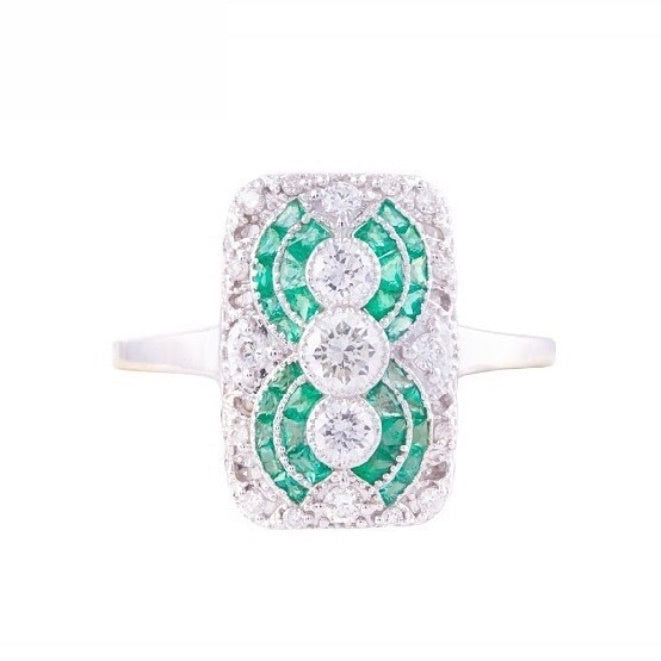 18K White Gold Natural Emerald and Diamond Ring