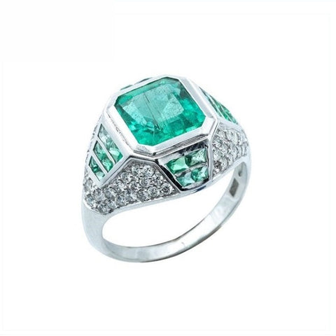 18K White Gold Natural Emerald and Diamond Ring